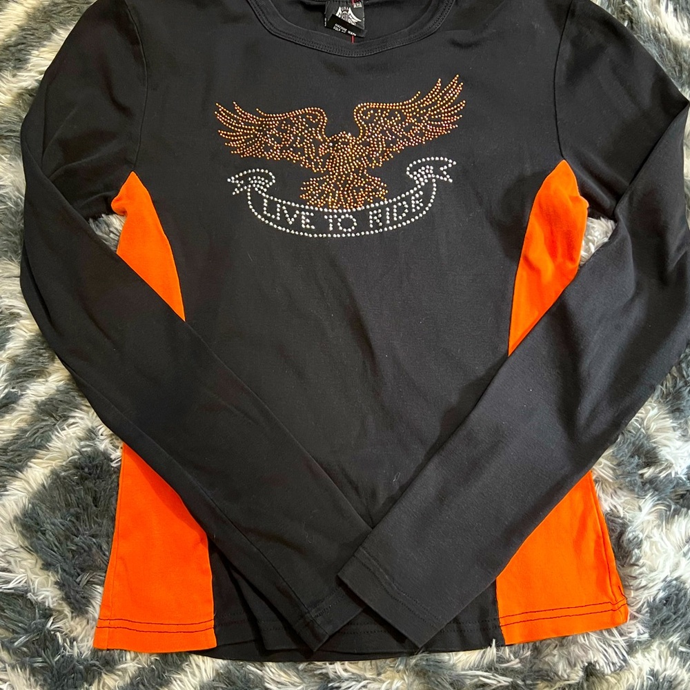 Biker Design Live to Ride Long Sleeve Tee rhinestones EUC size Large